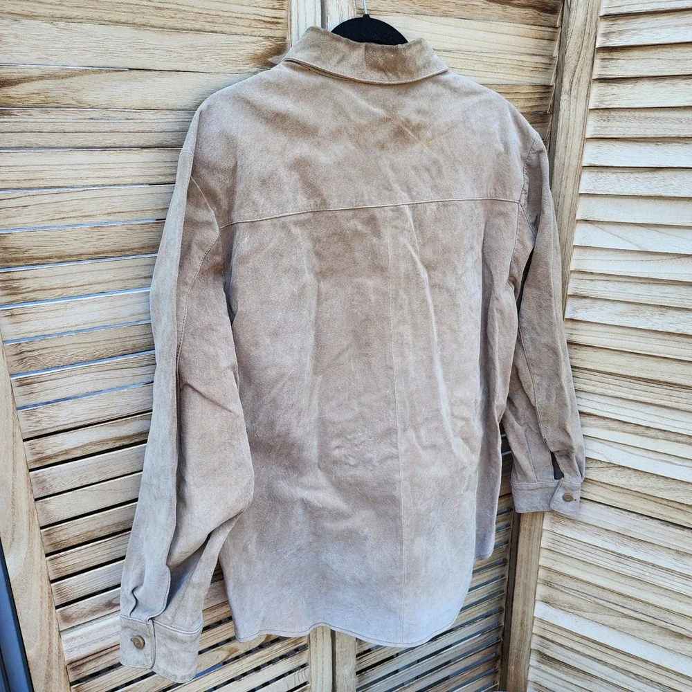 New Frontier Large Tan 100% Suede Leather Shirt Jacket Western Boho Minimalist
